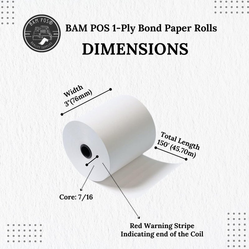 BAM POS Bright White 3"" x 150' 1-Ply Bond Receipt Paper Rolls (12 Rolls) - Image 5